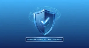 Digital shield and verification protecting against deepfakes, blue security gradient