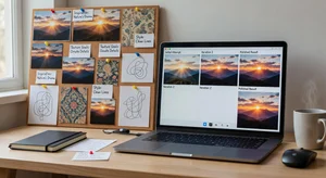 A beginner's prompt practice setup showing a mood board of reference images alongside a laptop with the AI image generator open, with multiple generated images displayed showing iterative improvement from initial attempts to polished results