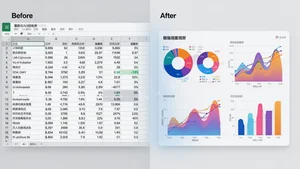 Spreadsheet data transforming into beautiful AI generated data visualization with charts and graphs