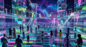 Futuristic metaverse virtual world environment with 3D avatars, digital architecture, immersive VR landscape