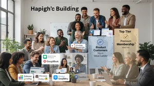 A creator engaging with their community members at different levels, from free content viewers to product customers to premium membership participants, showing the value ladder in action