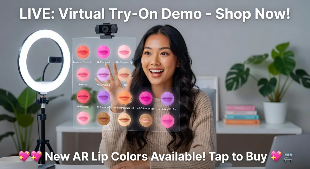 Beauty tutorial content creator using virtual try-on to demonstrate makeup techniques on split screen with actual application comparison