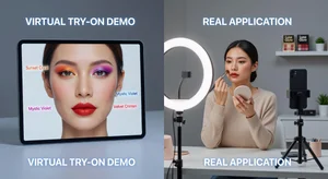 Beauty tutorial content creator using virtual try-on to demonstrate makeup techniques on split screen with actual application comparison