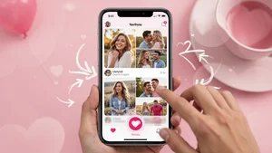 Dating app interface showing profile with multiple photos and swiping features