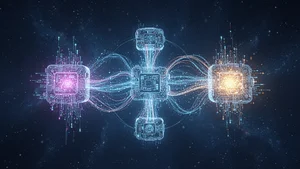 Abstract visualization of three interconnected AI processing nodes with glowing data streams in deep blue space