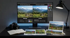 Professional photography workspace showing image resolution enhancement tools, before and after comparisons, detailed quality improvement