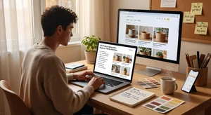 New e-commerce store owner setting up online shop with product images being optimized for SEO