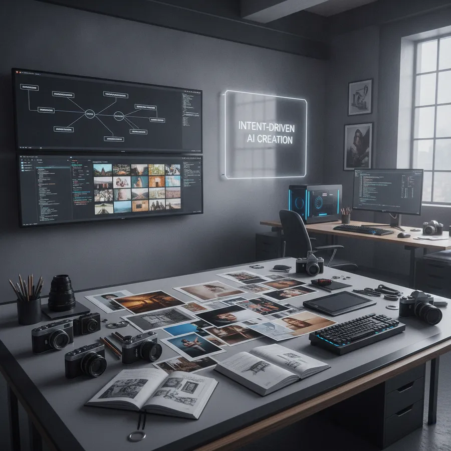 Professional creative workspace demonstrating intent-driven AI generation workflow