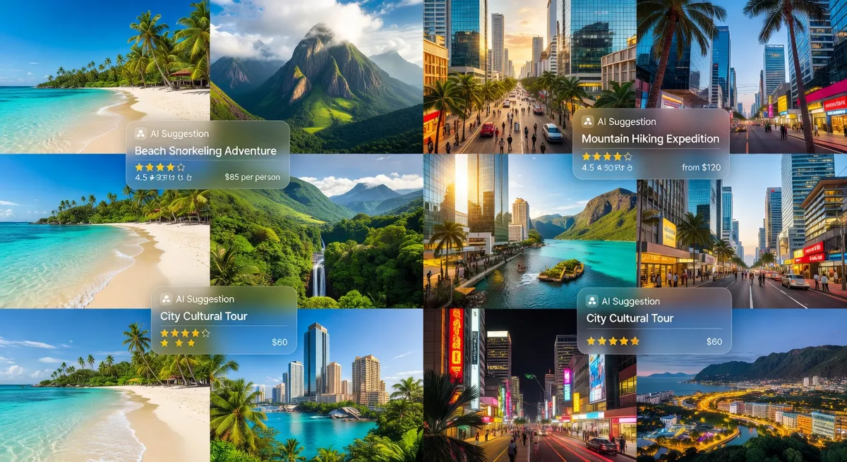 Beautiful destination collage with AI suggestion cards showing activities ratings and prices