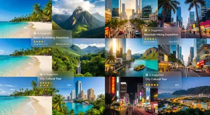 Beautiful destination collage with AI suggestion cards showing activities ratings and prices