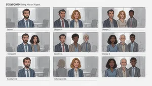 Professional storyboard showing consistent character across multiple scenes