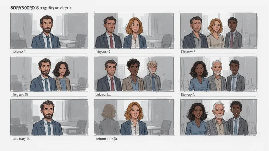Professional storyboard showing consistent character across multiple scenes