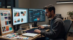 A graphic designer reviewing social media analytics data while working on new designs incorporating 2026 trends, with a reference sheet of the ten trend examples visible on their second monitor, representing the data-informed creative process