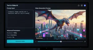 Text to video AI interface showing prompt input and video generation preview
