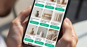 Mobile shopping experience on Pinterest, user browsing product pins on smartphone, seamless shopping interface, add to cart buttons, product discovery journey, clean modern UI, bright daylight setting, hands holding phone