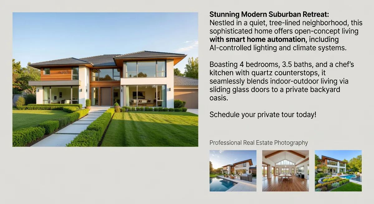 Modern home exterior with AI-generated listing description and professional marketing materials