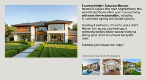 Modern home exterior with AI-generated listing description and professional marketing materials