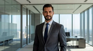 Professional businessman with immaculately groomed corporate beard in modern office