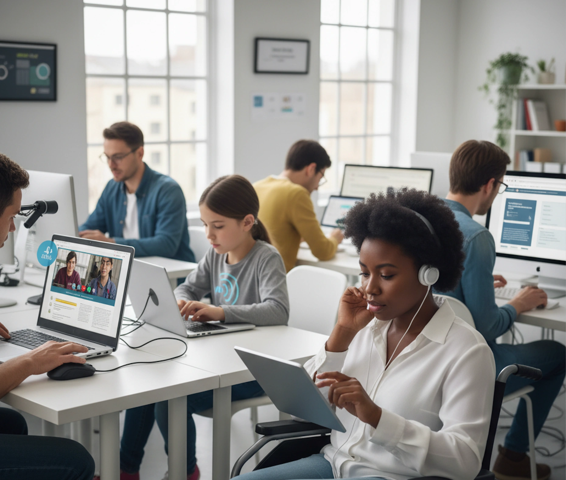 Creating Accessible Content with Text-to-Speech: Complete Guide to WCAG Compliance and Inclusive Digital Experiences Diverse group of people using assistive technology including text-to-speech on various devices showing inclusive digital accessibility