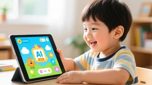 Happy child safely using educational AI app with age-appropriate content