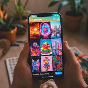 Phone displaying Instagram feed with distinctive filtered content