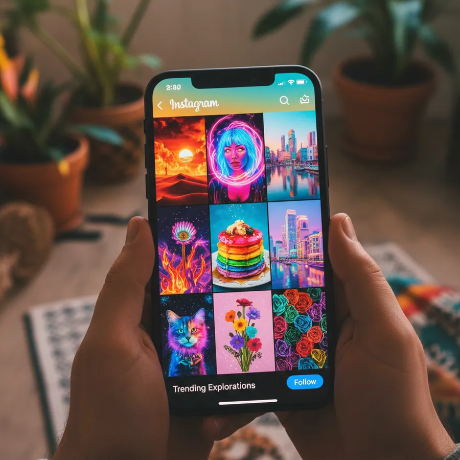 Phone displaying Instagram feed with distinctive filtered content