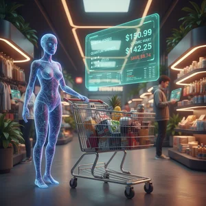 AI hologram assistant with shopping cart in futuristic retail setting