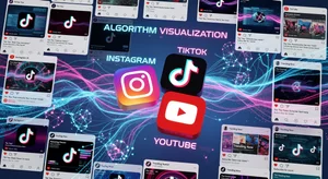 A content creator filming a TikTok video at home with professional lighting, showing real-time analytics on a laptop beside them, with algorithm performance graphs and audience demographic breakdowns visible on screen