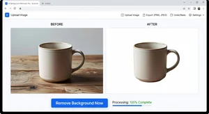 Browser-based AI tool processing product image, showing transparent background with clean product edges ready for white background application
