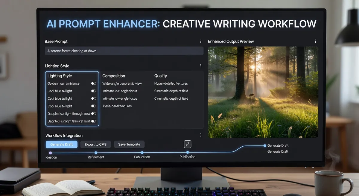 AI prompt enhancement tool interface showing structured prompt with modifiers like lighting, style, composition, quality