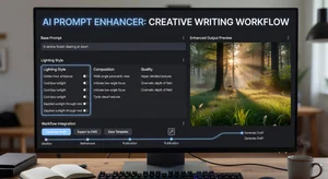 AI prompt enhancement tool interface showing structured prompt with modifiers like lighting, style, composition, quality