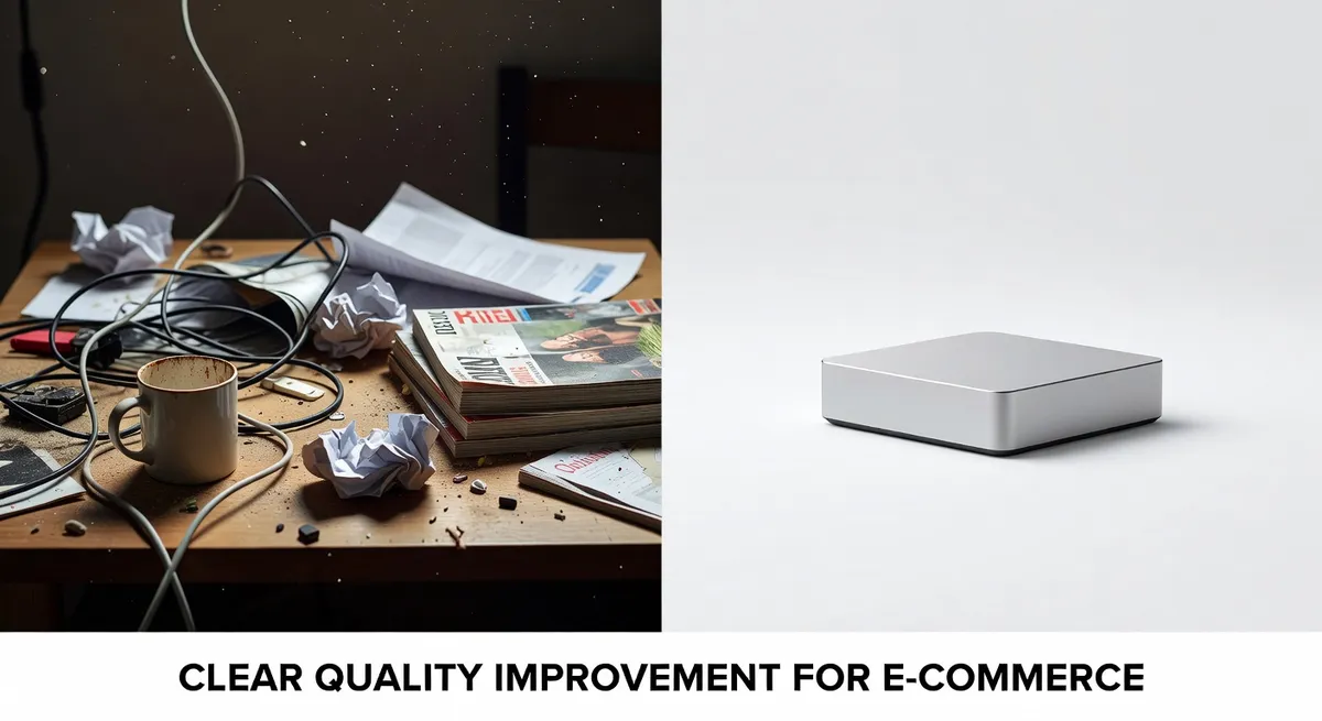 Before and after product image comparison showing messy cluttered background versus clean professional white background for e-commerce listings