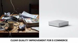 Before and after product image comparison showing messy cluttered background versus clean professional white background for e-commerce listings