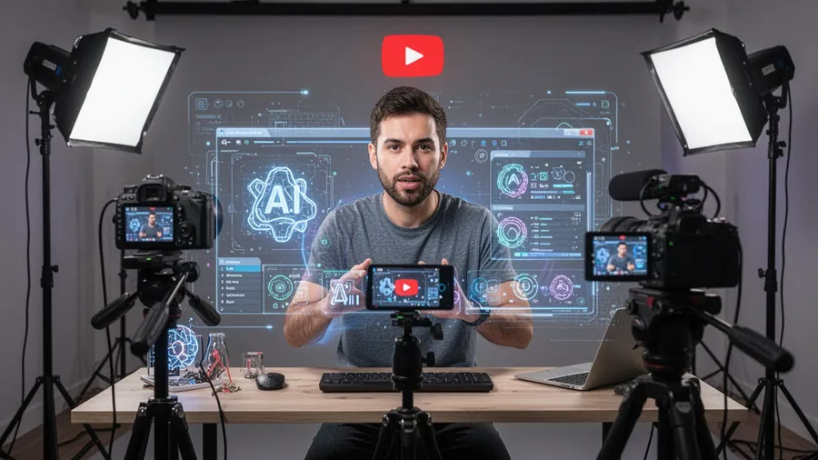 YouTube content creator recording video with AI tools overlay and professional studio lighting