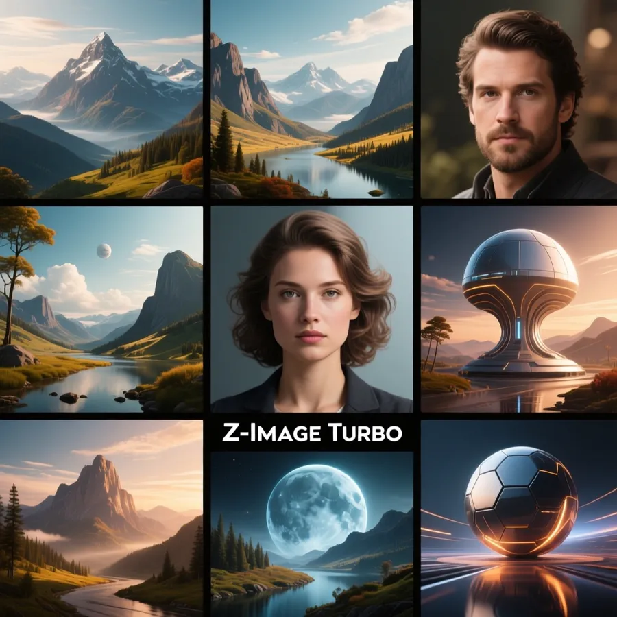 A collection of varied photorealistic AI generated images showcasing different styles and compositions created with Z-Image Turbo, including landscapes, portraits, and conceptual scenes