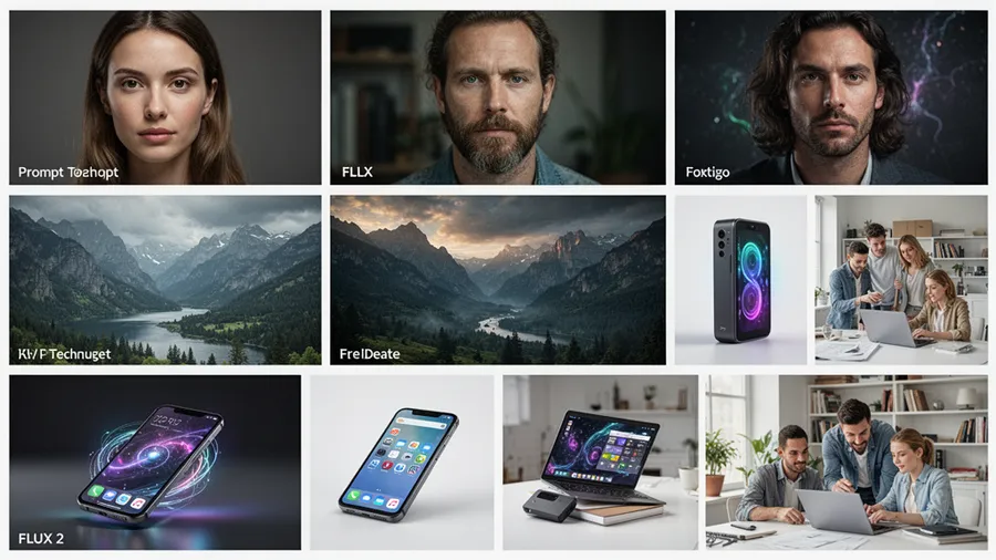 Collection of diverse AI generated images demonstrating different FLUX 2 prompt techniques