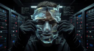 Deepfake as a Service Criminal Tool Digital face mask peeling away to reveal identity theft