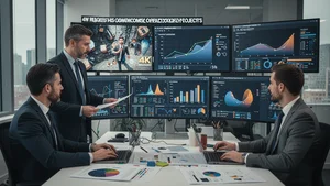 Business team analyzing 4K image quality and budget optimization for creative projects