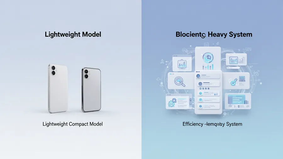 Minimalist comparison of a lightweight compact model versus a bloated heavy system showing efficiency and speed