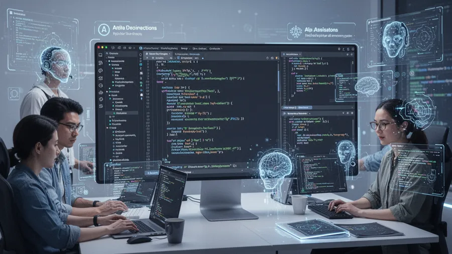 Modern code editor with AI assistants and futuristic programming interface