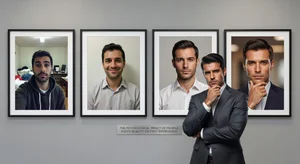 A professional with four framed headshots mounted on a wall showing different styles from unprofessional to polished, with the fourth being a perfectly lit professional AI-enhanced headshot, illustrating the psychological impact of profile photo quality on first impressions