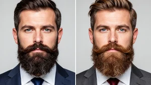 Split comparison showing corporate versus creative beard grooming approaches