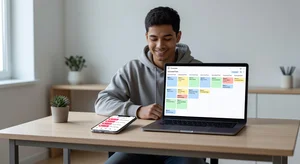 A solo creator looking relaxed and focused at a minimalist desk, with a phone showing high-engagement social content notifications and a laptop displaying an organized content calendar with several weeks of automated posts, representing the freedom that comes from a well-built content automation system