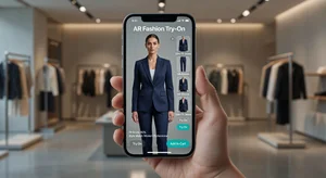 Smartphone showing mobile virtual try-on interface for fashion shopping