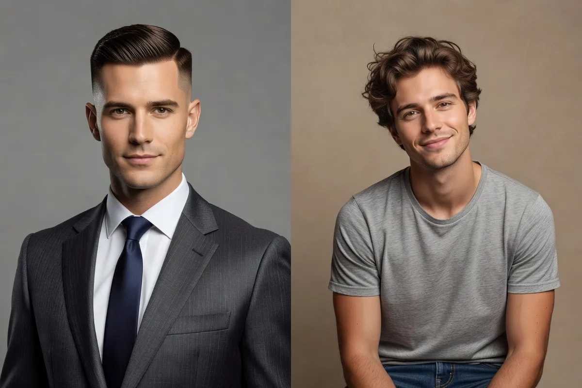 Side by side comparison showing transformation from business to casual hairstyle