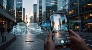 Augmented reality smartphone display showing digital 3D objects overlaid on real world environment with AR interface elements