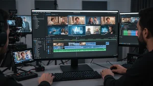Professional video production workspace showing timeline editor with AI generated video clips