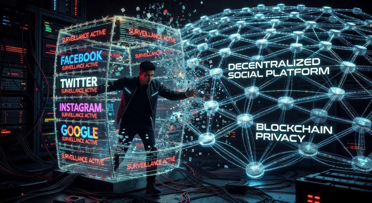 Web3 privacy revolution concept showing person breaking free from corporate social media surveillance, decentralized network nodes