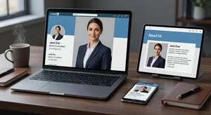 A confident professional with an updated professional headshot visible on their laptop LinkedIn profile, phone showing email signature with the same photo, and a tablet showing their company website bio - all showing the consistent, high-quality profile photo deployed across multiple professional touchpoints