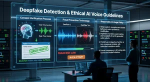 Deepfake detection and ethical AI voice guidelines showing consent verification process, fraud prevention technology, responsible AI usage policy